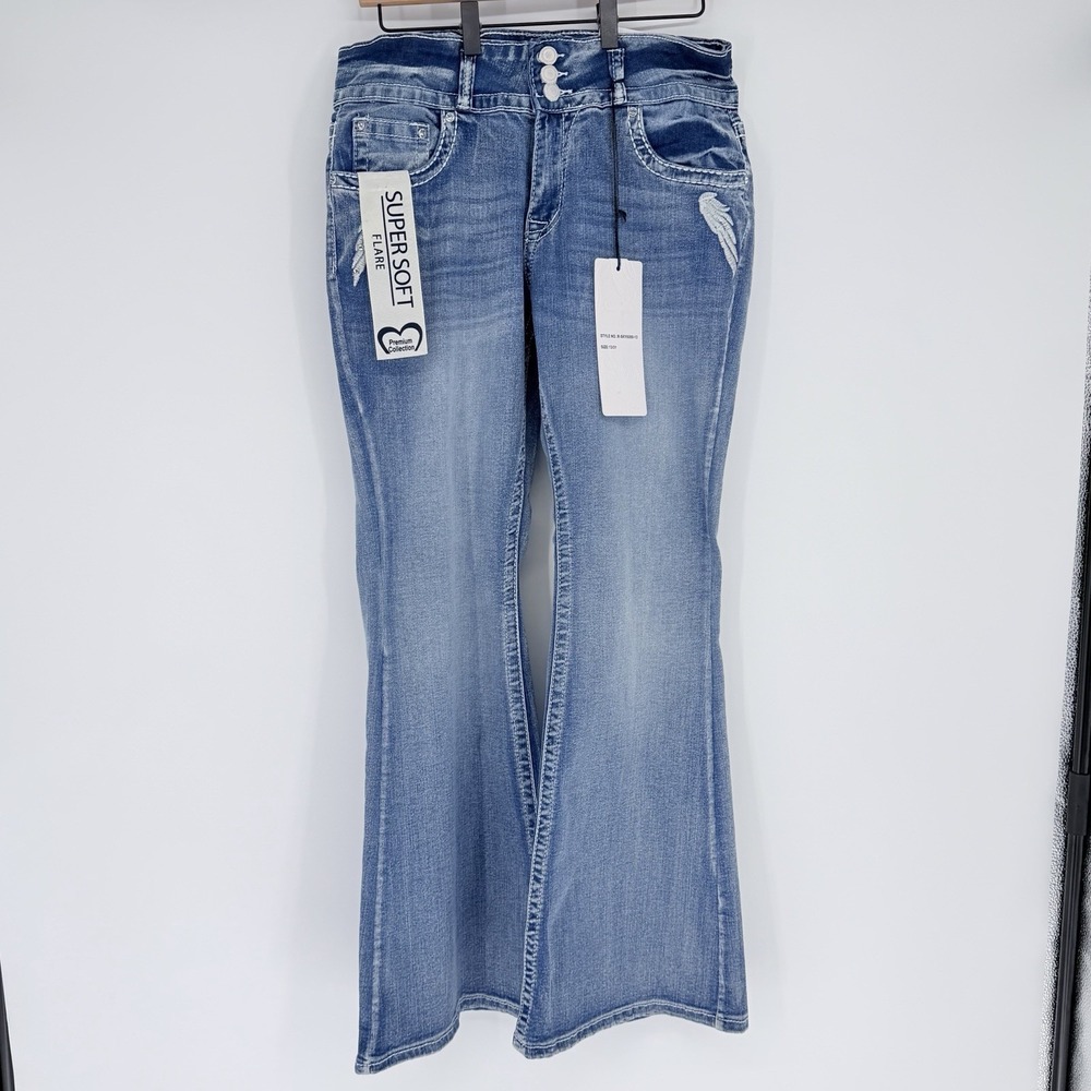 SKY Premium Collection Heart Angel Wings Halo Bling Rhinestone Flare Jeans 13 - Picture 2 of 9
